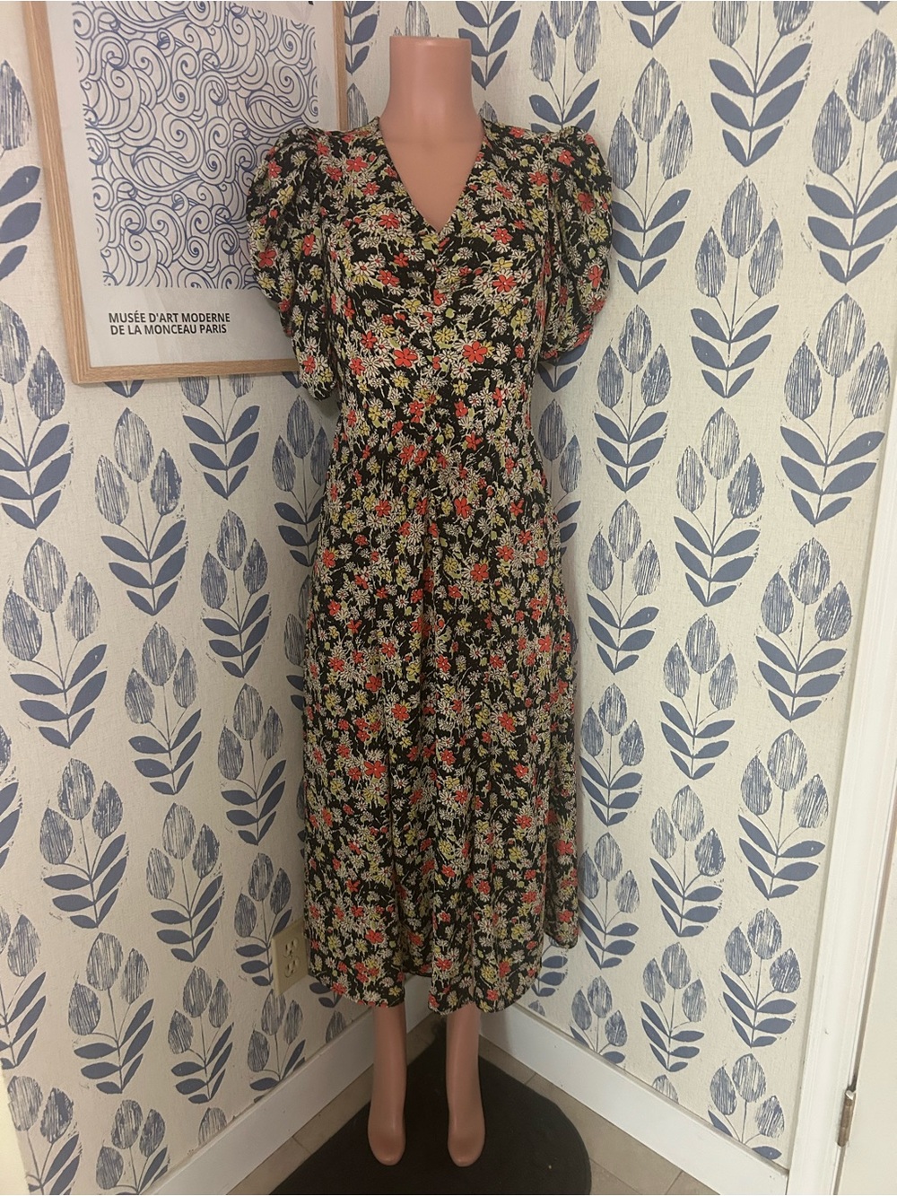 Topshop Black Floral Puff-Sleeve Midi Dress